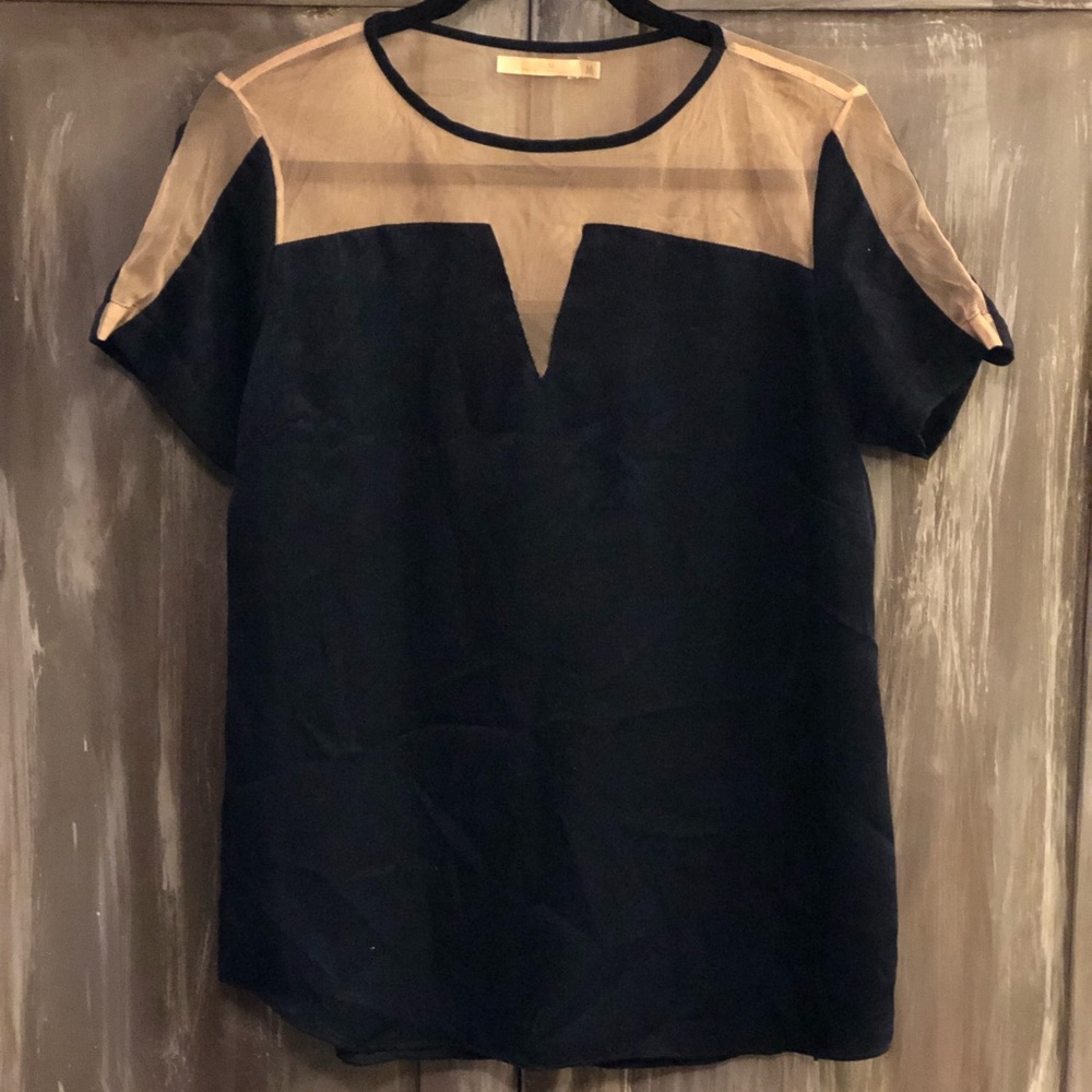 Blue blouse with sheer neckline
